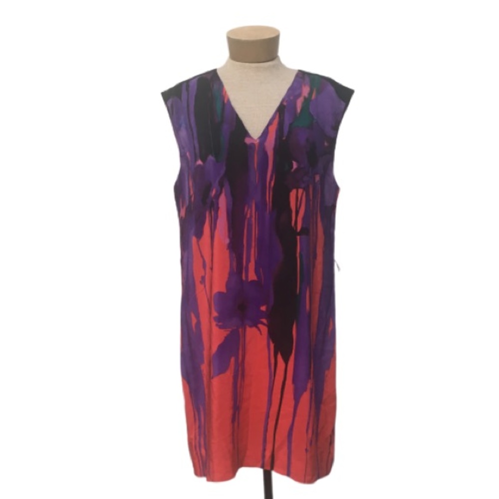 Akiko Floral Watercolor Silk V-Neck Shift Dress L